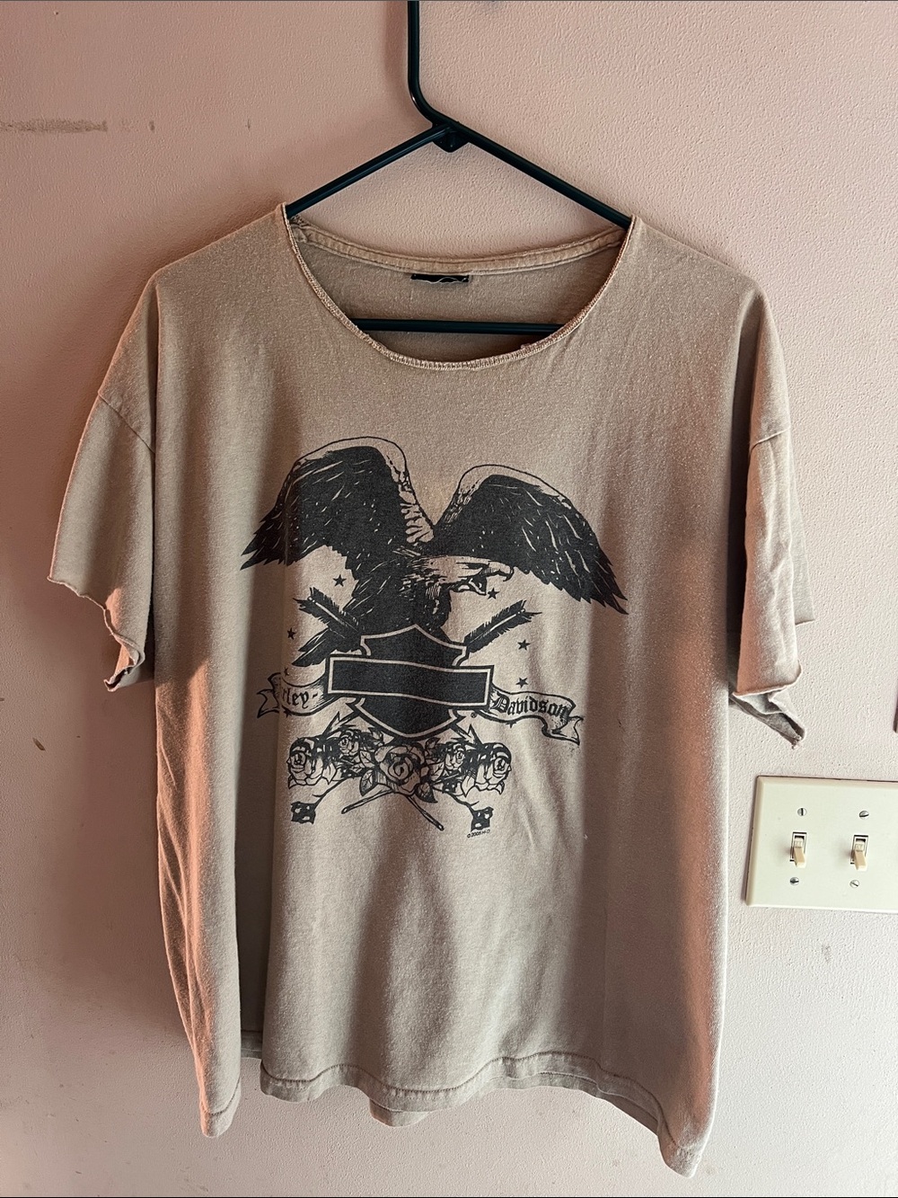 VINTAGE HARLEY DAVIDSON Y2K EAGLE BAR & SHIELD RAW EDGE TAN TEE 2005 SIZE XL